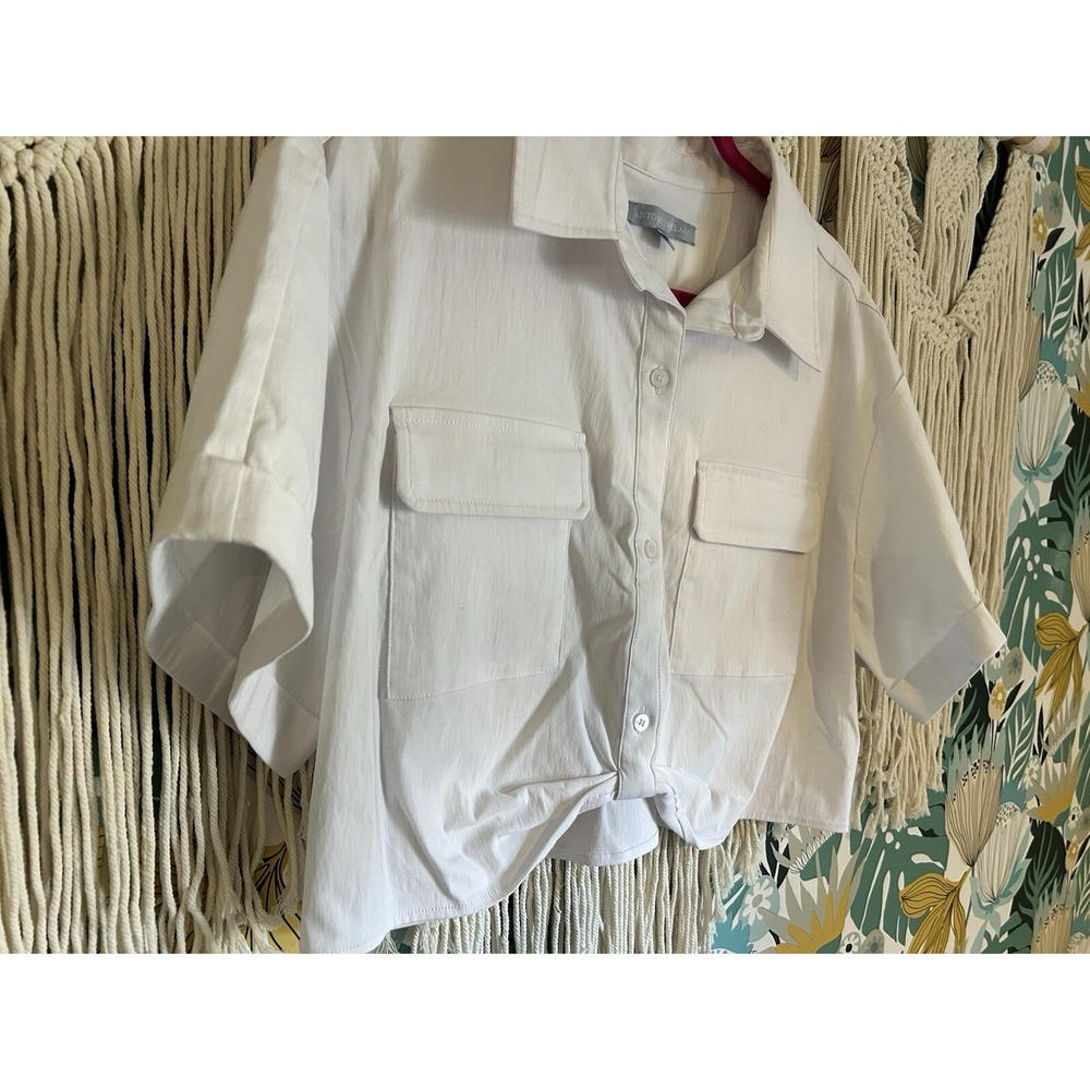 Antonio Melani Top Cropped Twisted Blouse Button Sz XL White EUC Whimsigoth Y2K - Picture 2 of 12